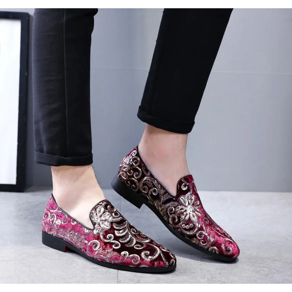 Santimon‎ Men's US 12 Red Velvet Silver Stitching Smoking Loafers Dress Shoes